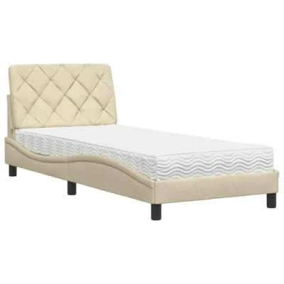 Afbeelding van vidaXL Bed met matras stof crèmekleurig 90x200 cm, bedframe, bed, enkel bedframes, bedbodem, stoffen gewelfd bedframe
