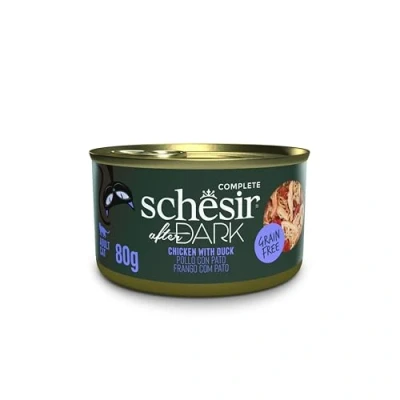 Afbeelding van Schesir, Compleet natvoer voor katten After Dark kipfilets met eend in bouillon (12 blikjes x 80 g)