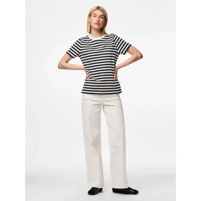 Afbeelding van Pieces Pcria TEE Stripes Tshirt print, Dames, Maat: XS, Black/bright white