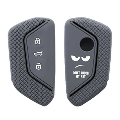 Afbeelding van kwmobile Autosleutel hoesje geschikt voor VW Golf 8 3 knops behuizing in wit / grijs zwart Don&#039;t Touch My Key design