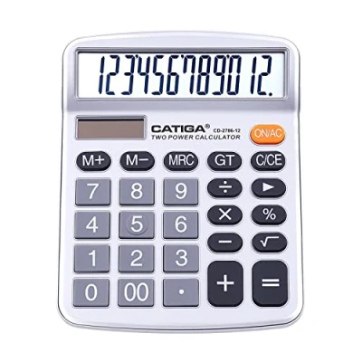 Afbeelding van CATIGA CD 2786 Tafelrekenmachine, 12 cijferig, met groot lcd display en gevoelige toetsen, op zonne energie batterij dual power, standaardfunctie voor kantoor, thuis, school (zilver)