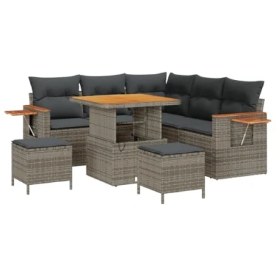 Afbeelding van vidaXL 8 delige Tuin Sofa Set met Kussens Grijs Poly Rattan Acacia, 3 Eettafel Acacia