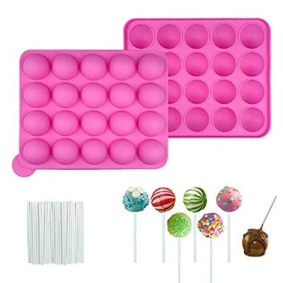 Afbeelding van Cake Pop siliconen vorm, cakepopvorm, cakepopset, 20 ronde cakepoppen bakvorm met stuks lollipop sticks voor cupcakes, snoep, gelei en chocolade, anti aanbaklaag (roze)