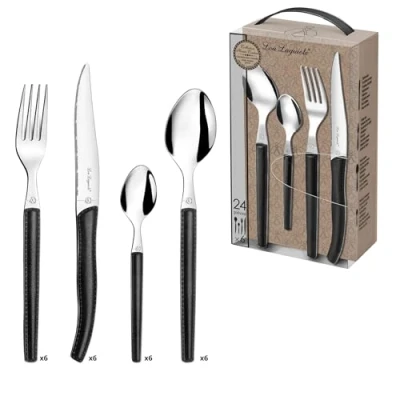 Afbeelding van Lou Laguiole Sky 2271AAPA23C40 bestekset, met koffer, voor 6 personen, roestvrij staal/handvat in lederlook, zwart, 14 x 7,5 24,5 cm