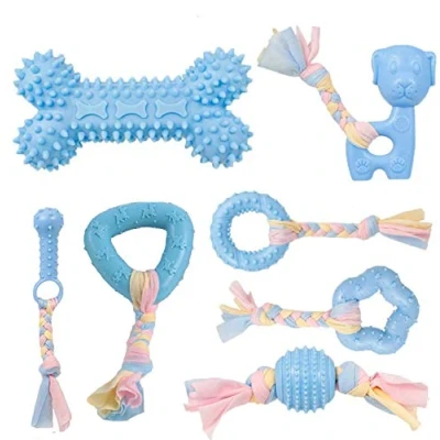 Afbeelding van CAMITER Hondenkauwspeelgoed, 7 stuks hondenpuppy&#039;s kinderziektes kauwspeelgoed set met bal en kleurrijke touwen, interactief huisdierspeelgoed voor kleine middelgrote honden (blauw)
