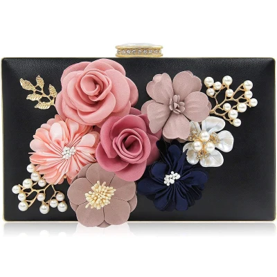 Afbeelding van Milisente Dames clutch tas bloemen avondtas bruiloft elegante handtas (Zwart)
