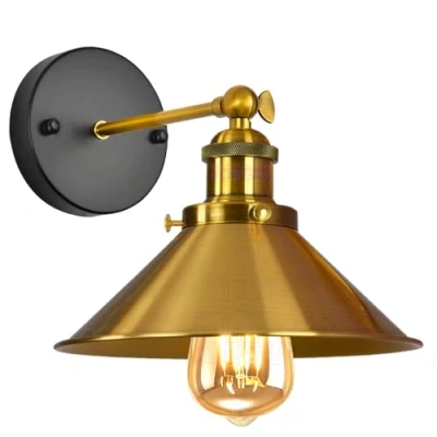 Afbeelding van iDEGU wandlamp, industriële vintage plafondlamp, Edison stijl, metaal, retro lamp met 180 graden rotatie, E27 fitting, 22 cm lampenkap, 1 stuk, goud