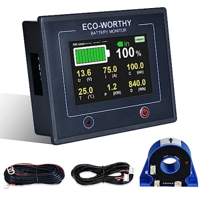 Afbeelding van ECO WORTHY batterijmonitor 200A 12V/24V/36V/48V, 3,5 inch touchable display, met alarm, 10 100 V Li Ion/LifePO4/gelbatterijen, accutester voor campers, zonne installaties