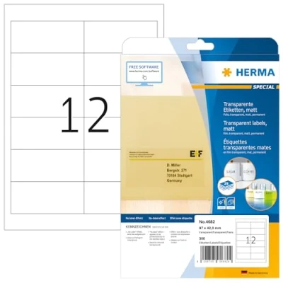 Afbeelding van HERMA 4682 weerbest folielabels A4 transparant (97 x 42,3 mm, 25 velles, polyesterfolie, mat) zelfklevend, bedrukbaar, permanente zelfklevende etiketten, 300 etiketten voor printer