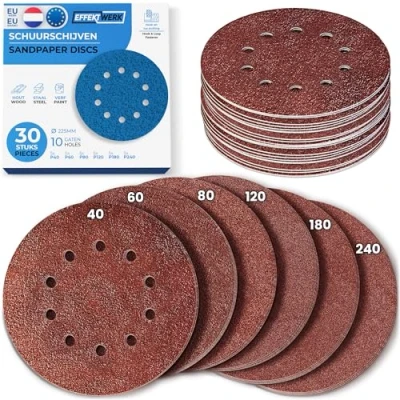 Afbeelding van Effektwerk Schuurschijven (30 stuks, 10 gaten), 225 mm schuurpapier voor fijn en grof schuren, meerdere korrelgroottes 40/60/80/120/180/240 (elk 5 stuks)