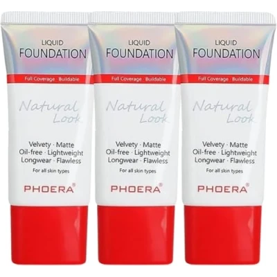 Afbeelding van Glamza Phoera foundation volledige dekking make up set 24 uur lange houdende olie controle dezelfde fundering slimmere verpakking Inc x3 30 ml en siliconen blender spons (105 zand)