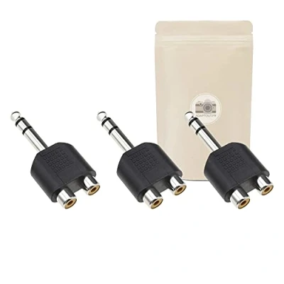 Afbeelding van 3 x dubbele splitter, grote jackstekker 6,35 mm stereo op 2 RCA aansluitingen, mono signaalsplitter, mini aansluiting, audio hifi