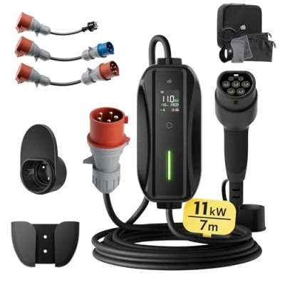 Afbeelding van dé Oplaadkabel type 2 met CEE stekker 11 kW, 3 fasig, 7 m, 6 16A reisadapterset, EV oplader en mobiel laadstation/wandbox voor ID.3/4/5, Model Y, 3, e up, tron, Zoe andere EVs