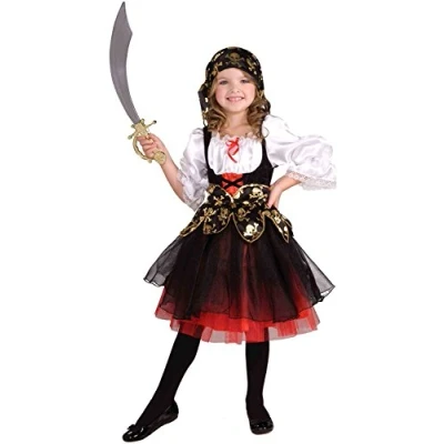 Afbeelding van 2 delig piratenkostuum voor meisjes, piratenkostuum, zwart, wit, rood, maat S (3 5 jaar)