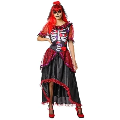 Afbeelding van Rubies Le Catrina kostuum voor dames, bedrukte jurk en hoofdband, officiële robijnen Halloween, carnaval, feest cosplay
