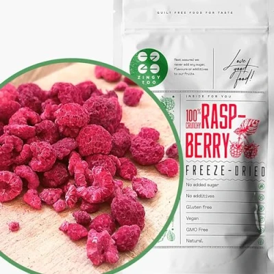 Afbeelding van Gevriesdroogde Framboos Stukjes Freeze Dried fruit Raspberry Broken Vegan Glutenvrij Gefriergetrocknete Himbeeren Gedehydrateerd Gedroogde Frambozen Natuurlijke Fruitsnack ZingyZoo