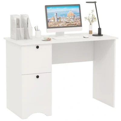 Afbeelding van COSTWAY Bureau met 2 laden, kleine computertafel, kinderbureau, moderne bureautafel, pc tafel voor slaapkamer, werkkamer, kantoor, wit, 109 x 50 75 cm (wit)