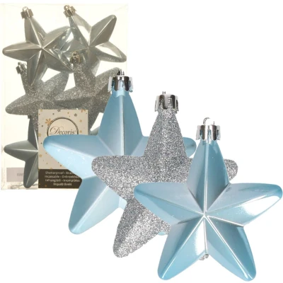 Afbeelding van 6x stuks kunststof sterren Kersthangers lichtblauw 7 cm