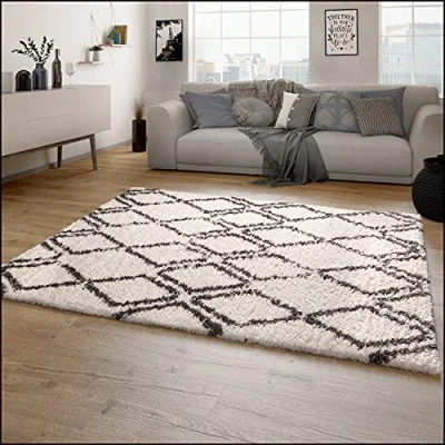 Afbeelding van Hoogpolig Vloerkleed Woonkamer Shaggy Langpolig Scandinavisch Ruiten Patroon, Maat:160x230 cm, Kleur:Crème 7