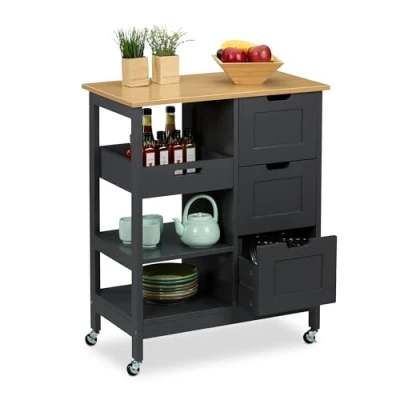 Afbeelding van keukentrolley op wieltjes met werkblad 3 lades 85 x 68,5 38,5 cm grijs