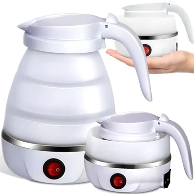 Afbeelding van Retoo Waterkoker, opvouwbaar, 0,6 liter, siliconen, campingreiswaterkoker, roestvrijstalen bodem, waterjerrycan, draagbaar, 750 W, theekoker voor outdoor, muren, survival, wit