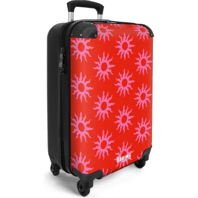 Afbeelding van NoBoringSuitcases.com® Handbagage koffer lichtgewicht Reiskoffer trolley Rood met roze zonnen Rolkoffer wieltjes Past binnen 55x40x20 en 55x35x25