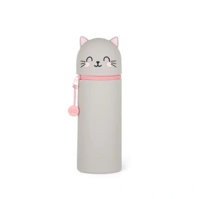 Afbeelding van Legami 2 in 1 etui van zachte siliconen Kawaii, kattenzakje, pennenhouder, ritssluiting, pennenzak, potloden, markers, H 18,5 cm, Grijs, Zacht