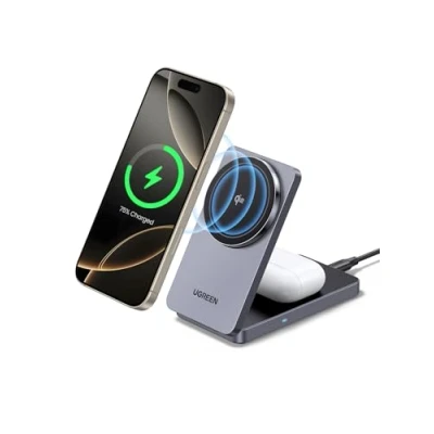 Afbeelding van UGREEN MagFlow Qi2 gecertificeerd 15W iPhone oplaadstation, 2 in 1 magnetisch oplaadstation compatibel met MagSafe, opvouwbare draadloze oplader voor 16/15/14/13/12, AirPods 2/3