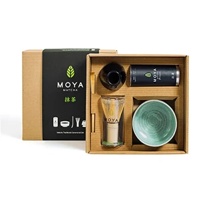 Afbeelding van Biologische Moya Matcha Groene Thee Set Pakje van 30g Premium Ceremoniële kwaliteit(I) + Kommetje Klopper Houder Lepeltje kwaliteit cadeauset poeder volledige bereidingsset