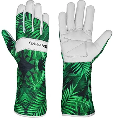 Afbeelding van Lederen tuinhandschoenen dames mannen/vrouwen korte en lange onderarmbescherming doornbestendig ademend spandex geitenleer roos snoeien tuin veiligheid werkhandschoenen, beste tuingeschenken (grote, handschoenen)