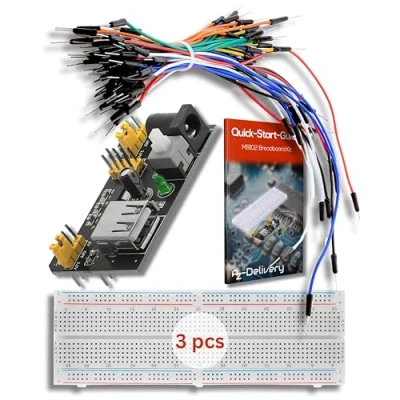 Afbeelding van AZDelivery 3 x MB 102 Breadboard Kit 830 Breadboard, Voedingsadapter 3,3V 5V, 65pcs Jumpers compatibel met Arduino Inclusief E Book!
