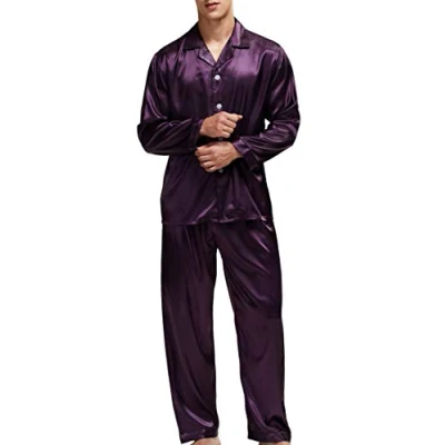 Afbeelding van Satijnen pyjama voor heren, nachtkleding, loungewear, Paars, XL