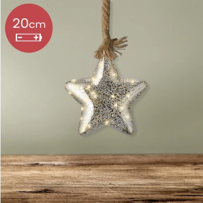Afbeelding van Kerstster met jute touw en 15 LED lampjes 20cm Zilver glas