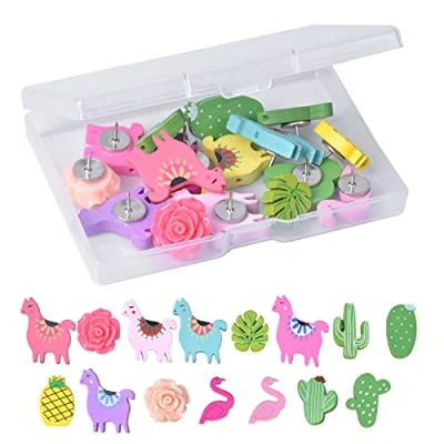 Afbeelding van 15 stuks decoratieve pushpinnen, houten duwpen, creatieve punaises, lamactus, flamingo, ananas, bloem, palmblad, tekeningen, pushpins voor fotowand, kaarten, notitiebord en kurkbord