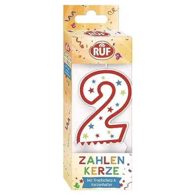 Afbeelding van RUF Cijferkaars nummer 2, rode verjaardagskaars met kleurrijke sterretjes, hoogwaardige jubileumkaars druppelbescherming, ideaal als taartdecoratie, 1 stuk