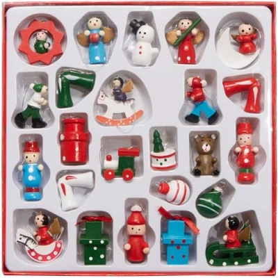 Afbeelding van BRUBAKER 24 Stuks Houten Kerstboomdecoraties tot 4 cm Hoge Figuren Kerstmis Hangerset Handbeschilderd Traditionele Boomhangers Geschenken Locomotief Sneeuwpop
