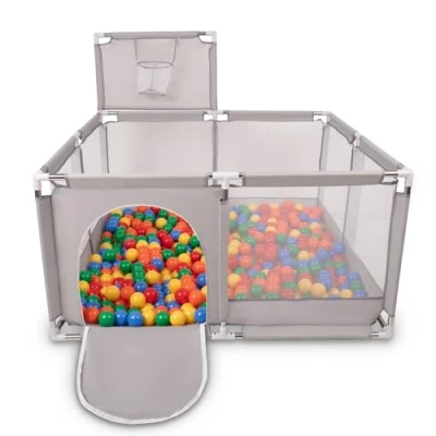 Afbeelding van Selonis Square Babybox Met Plastic Ballen, Basketbal, Grijs:Geel/Groen/Blauw/Rood/Oranje,100 Ballen