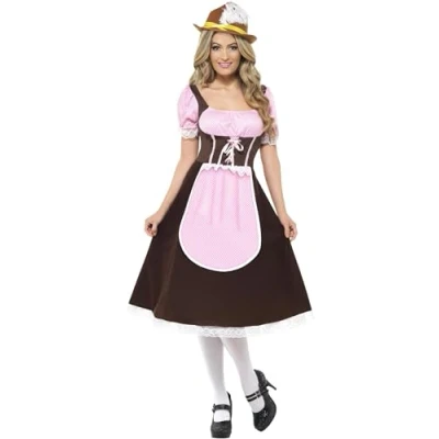 Afbeelding van Lange Tiroler jurk in roze en bruin Oktoberfest dirndl verkleedkleding maat 48 50