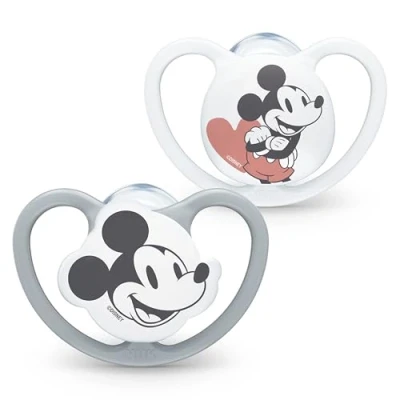 Afbeelding van NUK 10739755 Space fopspeen 18 36 maanden met extra ventilatie BPA vrij silicone Disney Mickey Mouse grijs en wit 2 Stuks (1 pak),18 36m,Mickey Mouse.