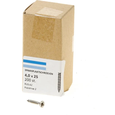 Afbeelding van spaanplaatschroeven RVS platverzonken kop PZ2 voldraad 4.0X25 (per 200 stuks)