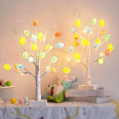 Afbeelding van EAMBRITE Paaseiboom met verlichting, op batterijen werkende witte led boom paasdecoraties, tafeldecoratie, voor thuis en feestjes (60 cm/24 warmwitte lampen)