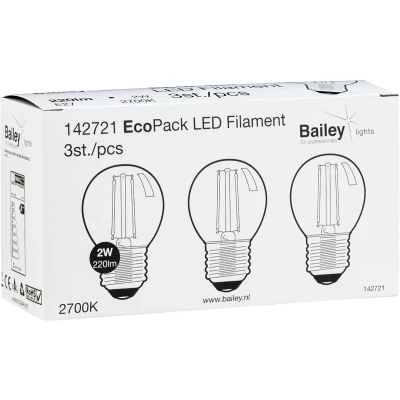 Afbeelding van Doos 3 stuks Bailey filament LED kogellamp E27 2W 220lm 2700K Helder Niet dimbaar P45