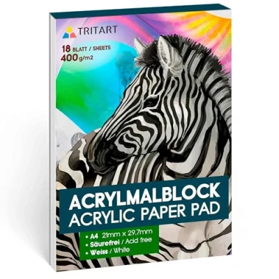 Afbeelding van Tritart Acrylpapier A4 400 g/m² I Schilderspons voor acrylverf 18 vellen Wit Hoogwaardig Acryl Tekenpapier Zuurvrij Zwaar schilderpapier acrylschilderen en olieverven Aan de bovenzijde gelijmd