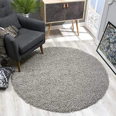 Afbeelding van SANAT tapijt rond lichtgrijs hoogpolig, langpolig modern voor woonkamer, slaapkamer, eetkamer of kinderkamer, afmetingen: 120x120 cm
