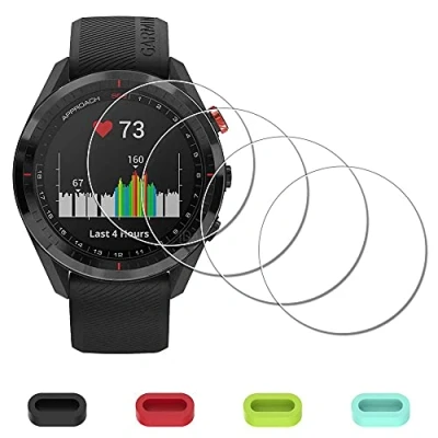 Afbeelding van [4 stuks] Screen Protector voor Garmin Approach S62 Premium GPS Golf Horloge + Siliconen Anti stof Plugs, iDaPro Gehard Glas Krasbestendig Bubble Free Eenvoudige Installatie