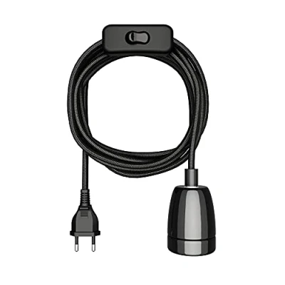 Afbeelding van ledscom.de Textielkabel LEHA II, stekker, schakelaar, zwart, 3m, porseleinen fitting, 1x E27 max. 300W, Led, Diy, E27, textielkabel, hanglamp, netstekker, gloeilamp