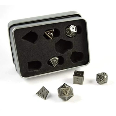 Afbeelding van shibby 7 polyhedrale metalen kubussen voor rol en tafelspellen in steampunk Zilver look incl. opbergdoosje