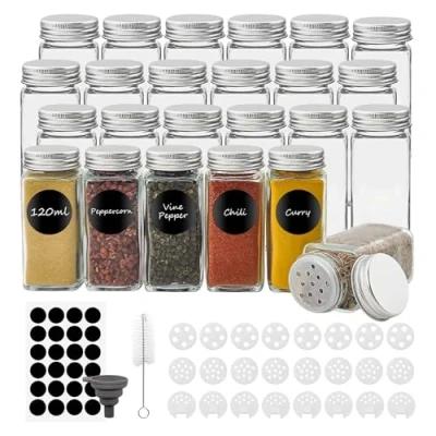 Afbeelding van Withosent Kruidenpotjes, vierkant, set van 24 stuks, 120 ml, glazen kruidenstrooier met schroefdop, voor kruidenopslag strooiinzetstuk, etiketten, trechter, borstel