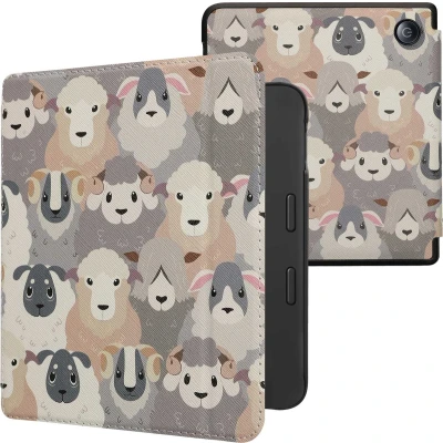 Afbeelding van kwmobile E reader hoesje geschikt voor Tolino Vision 6 hoes flip case met magnetische sluiting Ereader cover design in wit / bruin grijs