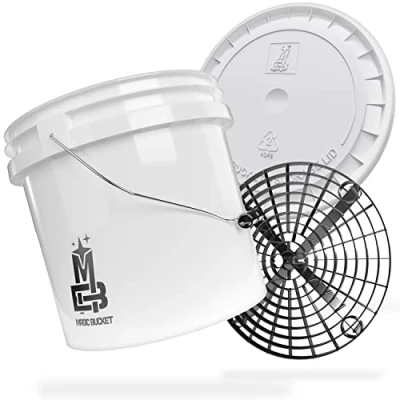 Afbeelding van Magic Bucket Autohandwasbundel, wasemmer met bijpassende emmerdeksel, ca. 13 liter, Grit Guard emmerinzetstuk vuilzeef, wasset, wit/zwart